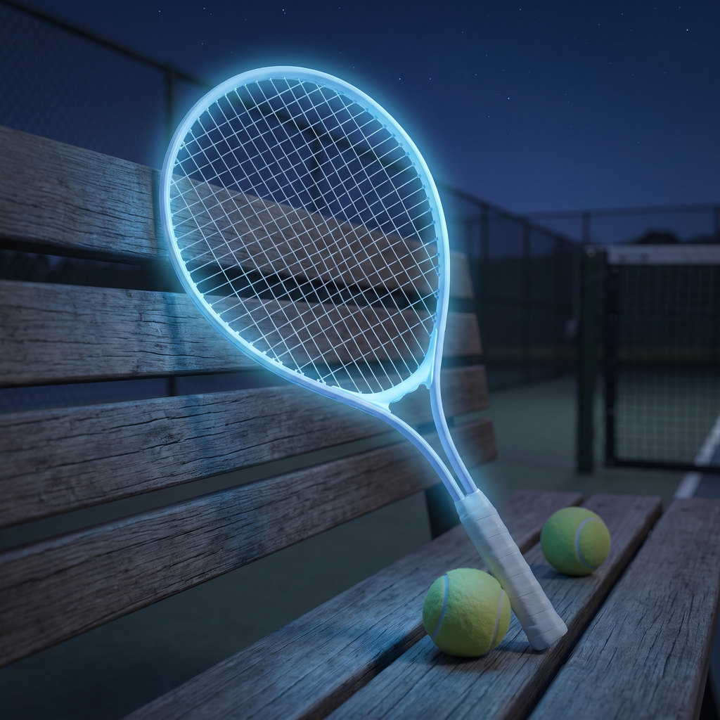Purple racket frame glowing in the dark on a courtside bench at night