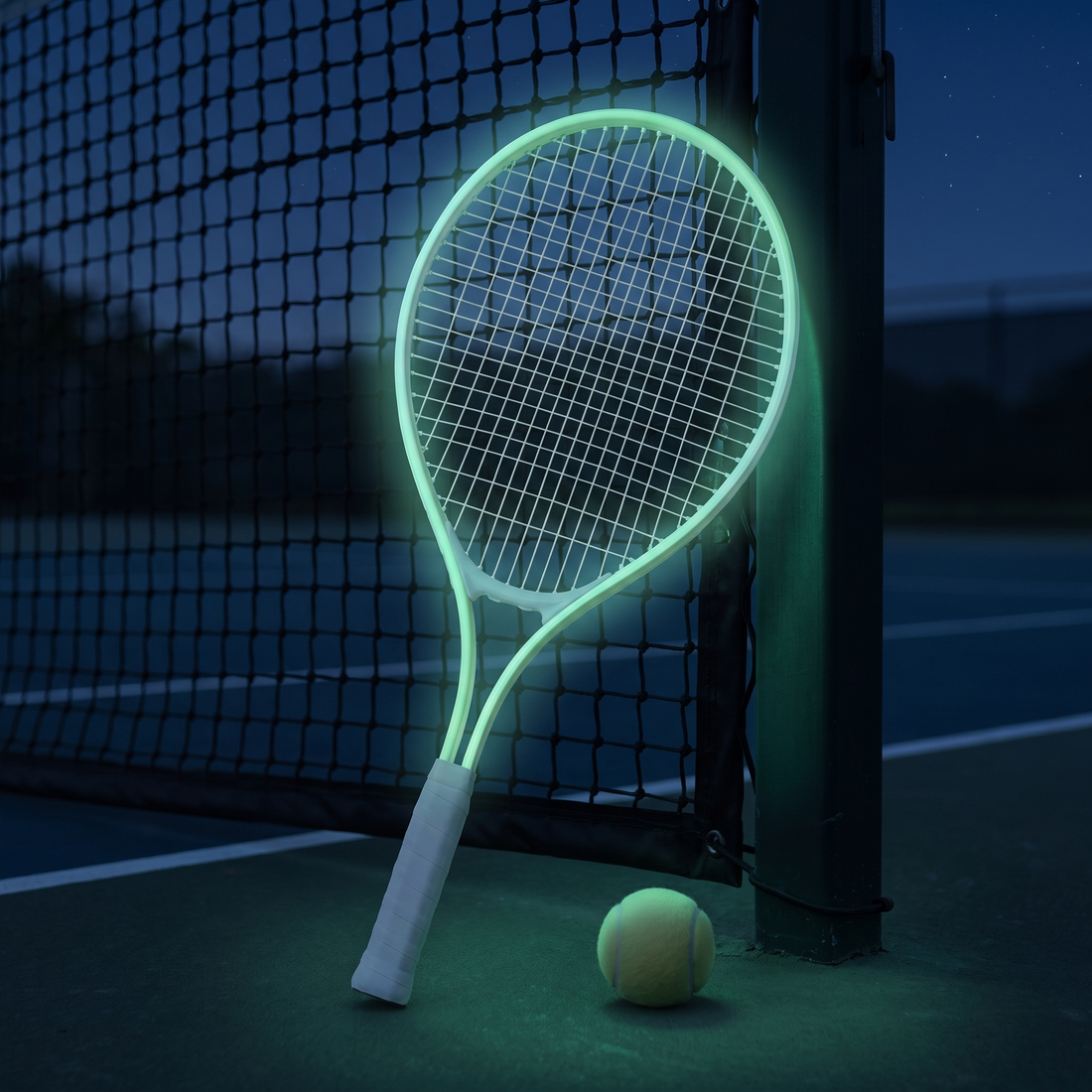 Green racket frame glowing in the dark by the net at night