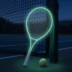 Green racket frame glowing in the dark by the net at night
