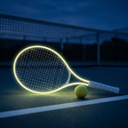 Pink racket frame glowing in the dark on a tennis court at night