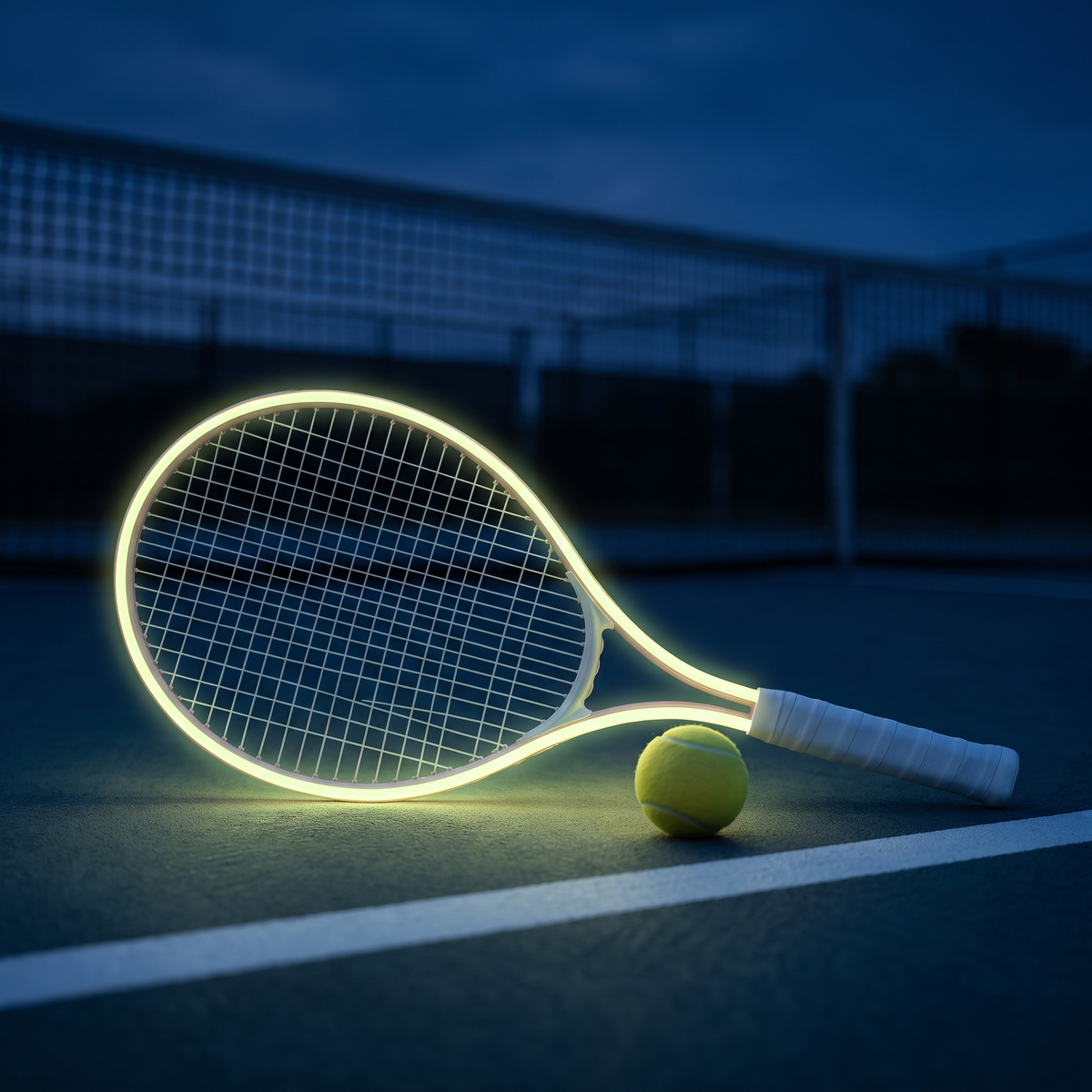 Pink racket frame glowing in the dark on a tennis court at night