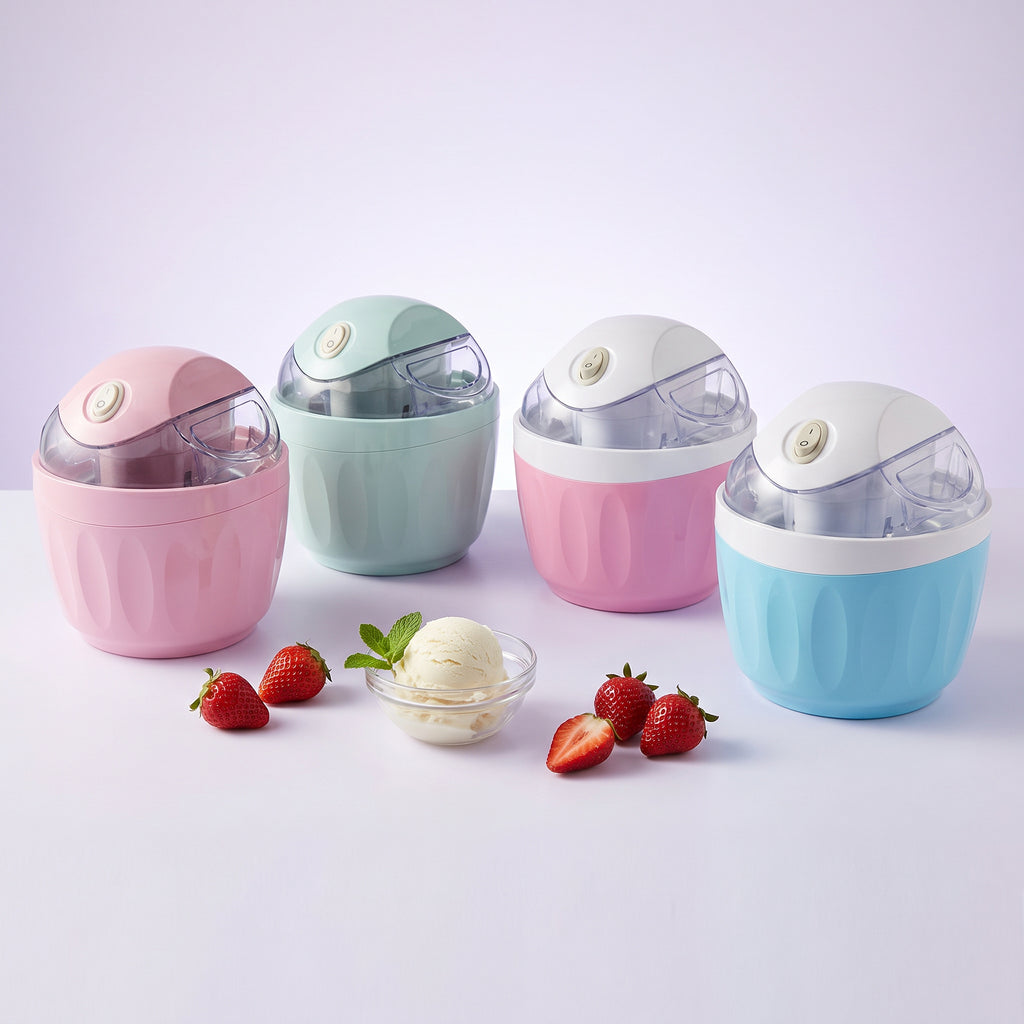 Mini ice cream maker in all four colours: blush pink, mint, pink and white, sky blue and white