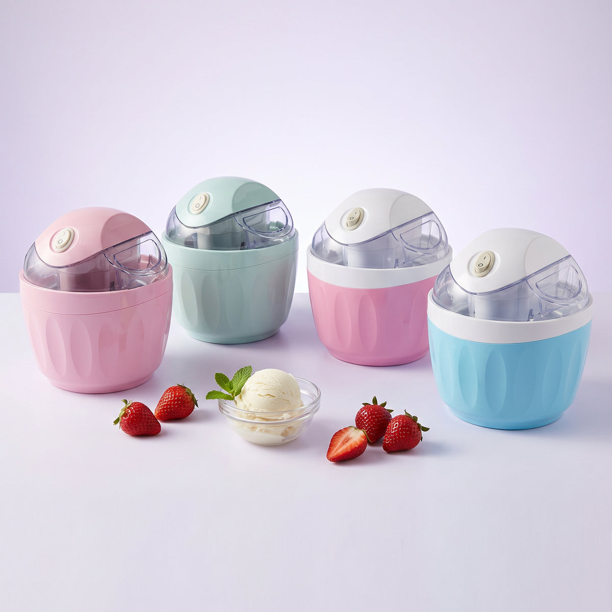 Mini ice cream maker in all four colours: blush pink, mint, pink and white, sky blue and white