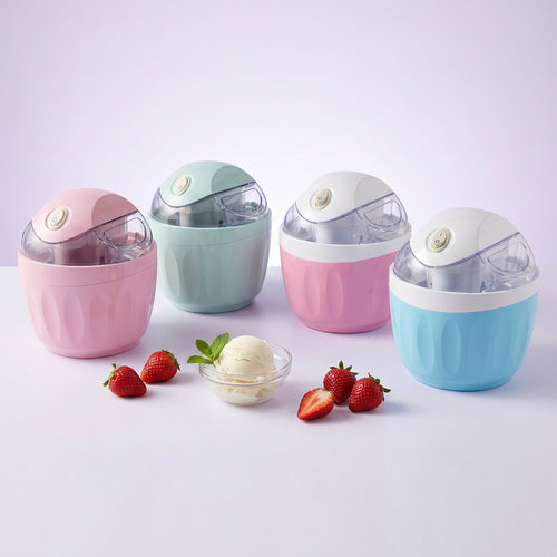 Mini ice cream maker in all four colours: blush pink, mint, pink and white, sky blue and white