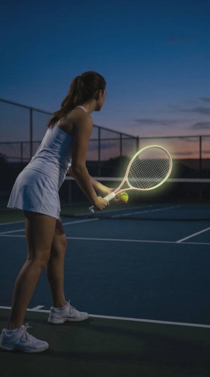 Serving with the pink glow racket at dusk